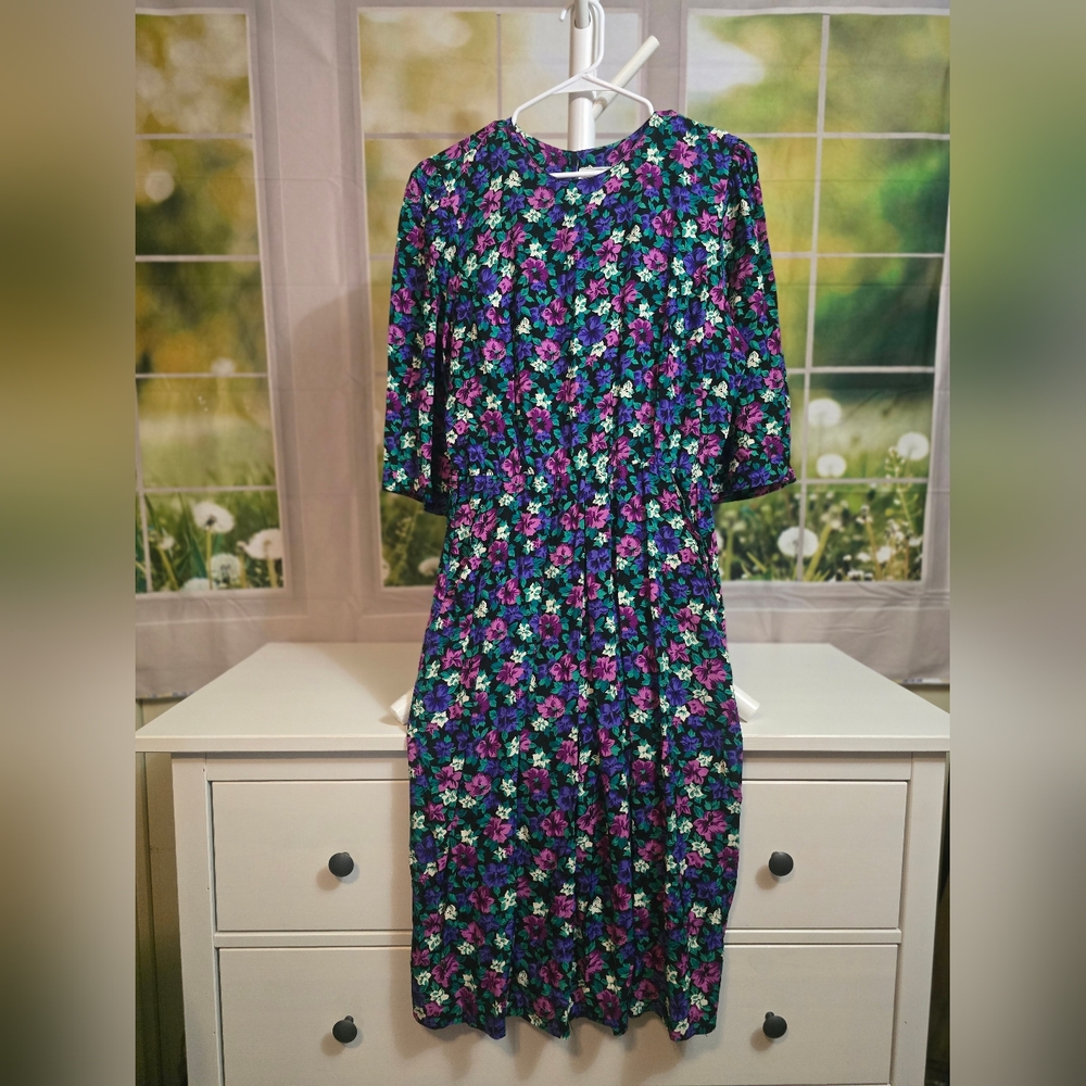 Vintage 1980s–1990s E.D. Michaels Plus Rayon A‑Line Puff Sleeve Dress Size Large